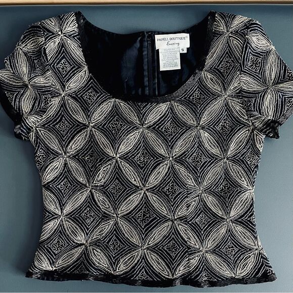 Papell Boutique Evening Black and Gold.Beaded 100% Silk Top - Picture 9 of 15